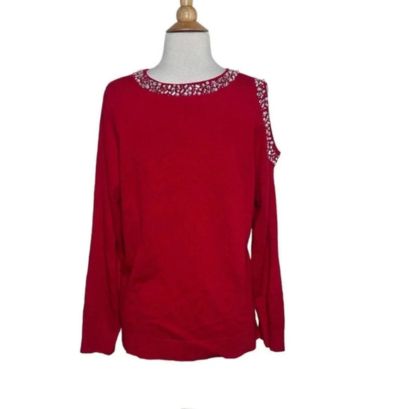 INC International Concepts XL red jeweled neck and 1 shoulder cut out sweater‎ - Picture 5 of 7